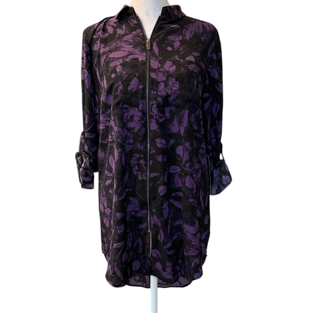 Women's Rock & Republic Full Zip Tunic Top Sz XS Long roll-tab Sleeve purple NWT